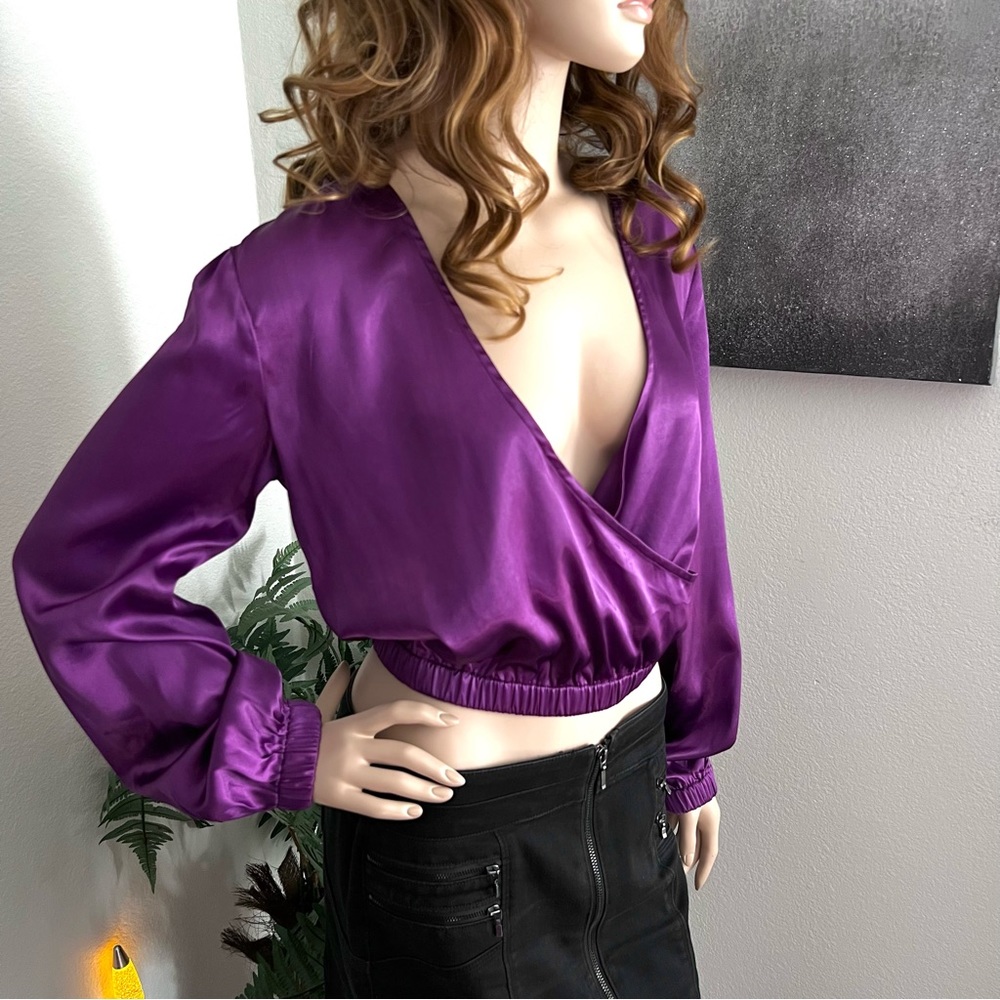 G by Guess Purple Satin Long Sleeve Faux Wrap Top
